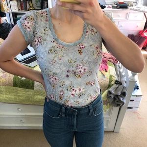Light Blue Floral Lace Top See Through- Downeast